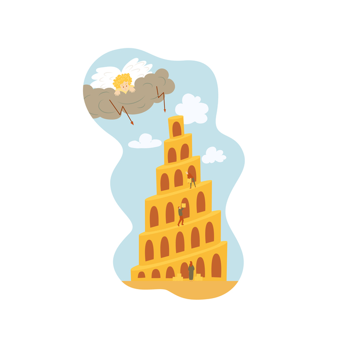 la torre de babel con Dios en el cielo