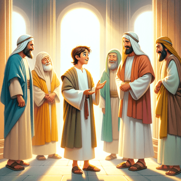 Jesús en el templo hablando con personas