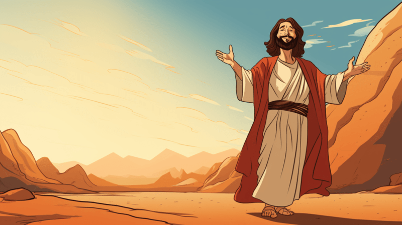 Jesus alegre despues de supera las 3 tentaciones en el desierto