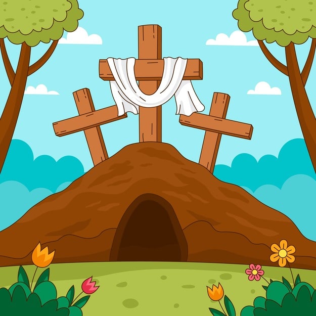 la Resurrección de Jesús con tres cruces